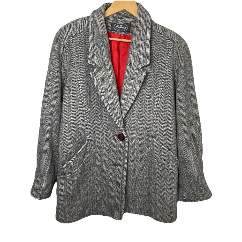 VTG 80s Ms. Freddi Wool B/W Coat Herringbone Slouchy Oversized Jacket Retro XL